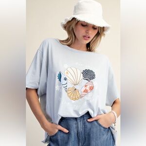 870 ❤️ EASEL blue SHELL VACATION GRAPHIC MINERAL WASHED TOP